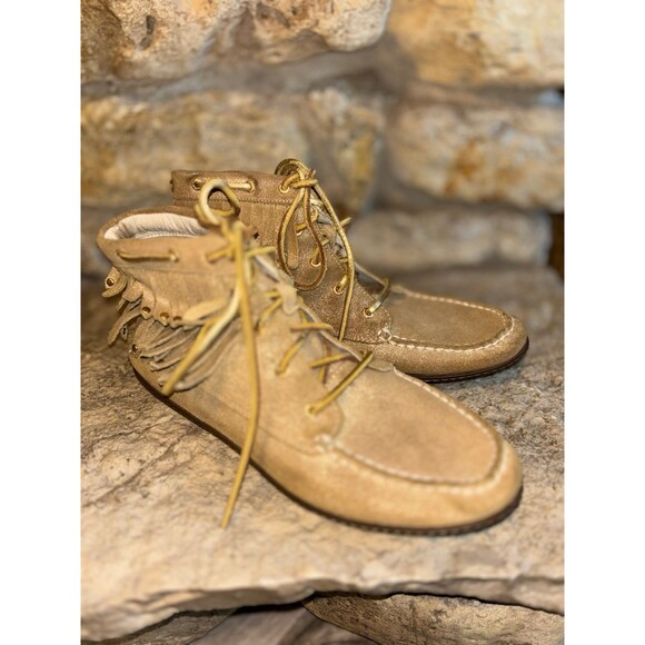 SPERRY Gold Sheen Suede Tiered Studded Fringe Ankle Lace Up Moccasins Shoes 8.5 - Picture 2 of 8